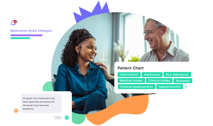 Illustration of medical practitioner with young female patient showing patient chart and chat