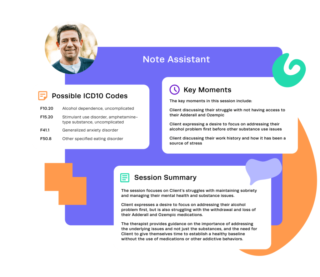 Note assistant illustration showing summaries of key moments, possible ICD10 Codes and session