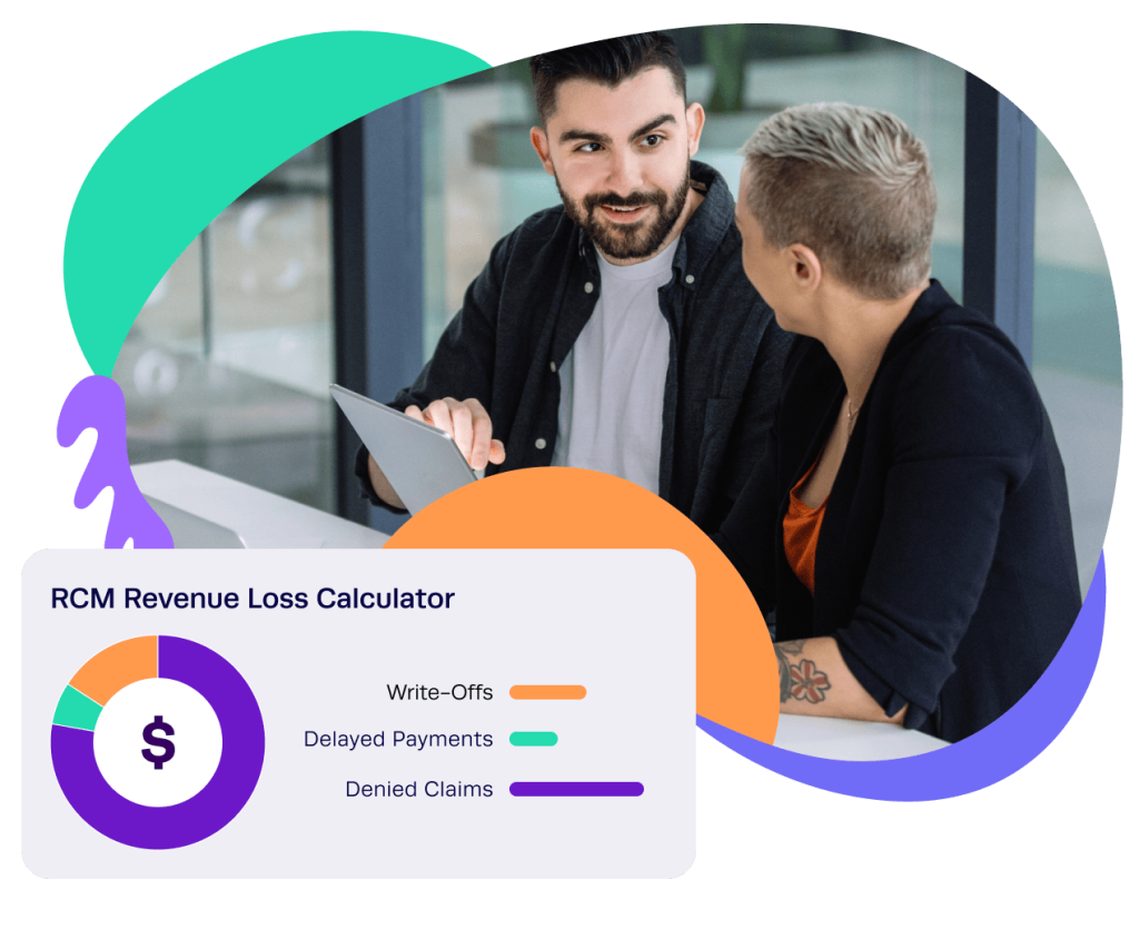 Coworkers reviewing Kipu's RCM Revenue Loss Calculator with an illustration of the results over top